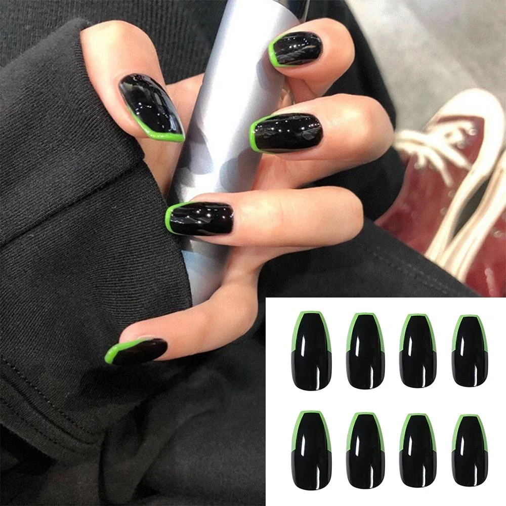 24pcs Detachable False Nails French with Black Line Fake Nails Full Cover Nail Art Tips Press on Nails with Glue Manicure Tools 1113-Nail Inspo
