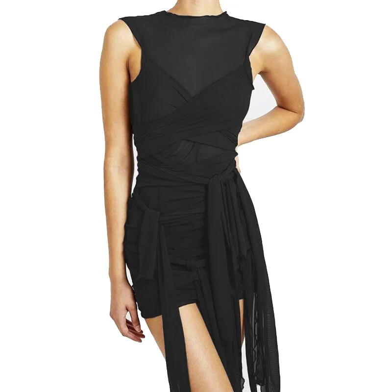 See Through Bodycon Party Dresses Mesh Sexy Clubwear Mini Dress Sleeveless Basic Female Streetwear Bandage One-Piece Femme Robe