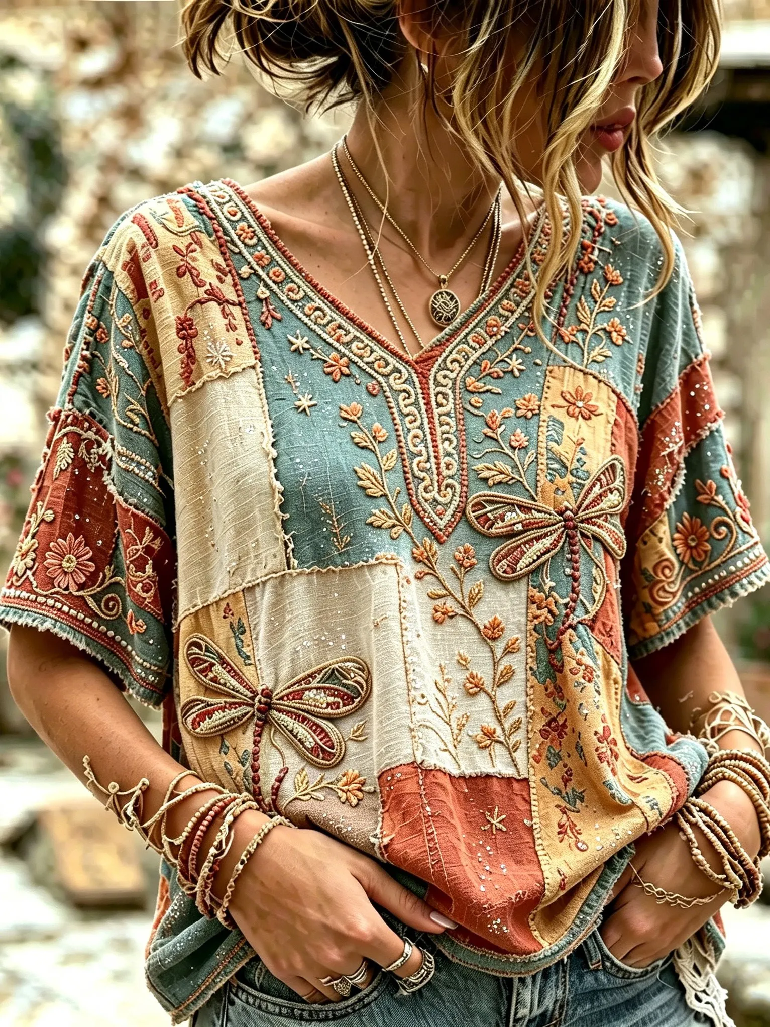 Comstylish Women's Retro Bohemian Hippie Style Floral Dragonfly Embroidered Patchwork Print Short-sleeve V-neck Top