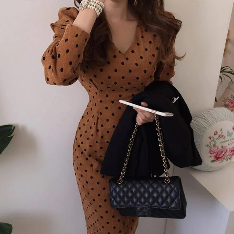 French Style Spring & Autumn Womens Casual Polka Dot Print A-Line Party Corduroy Dress