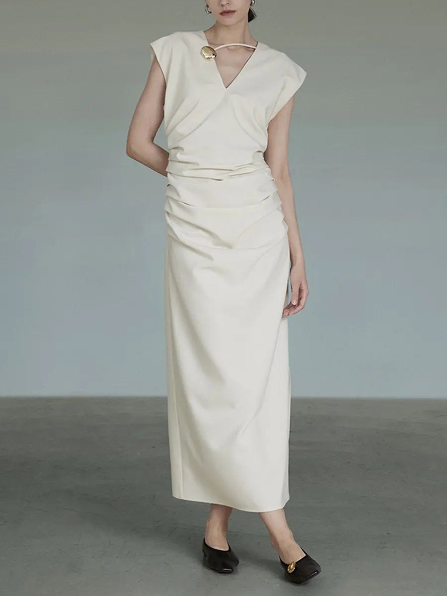 V Neck Pleated Split Hem Slim Fit Midi Dress