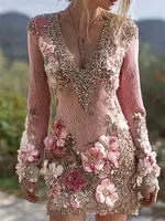 Boho Pink Floral Beaded V Neck Knit Sweater Dress