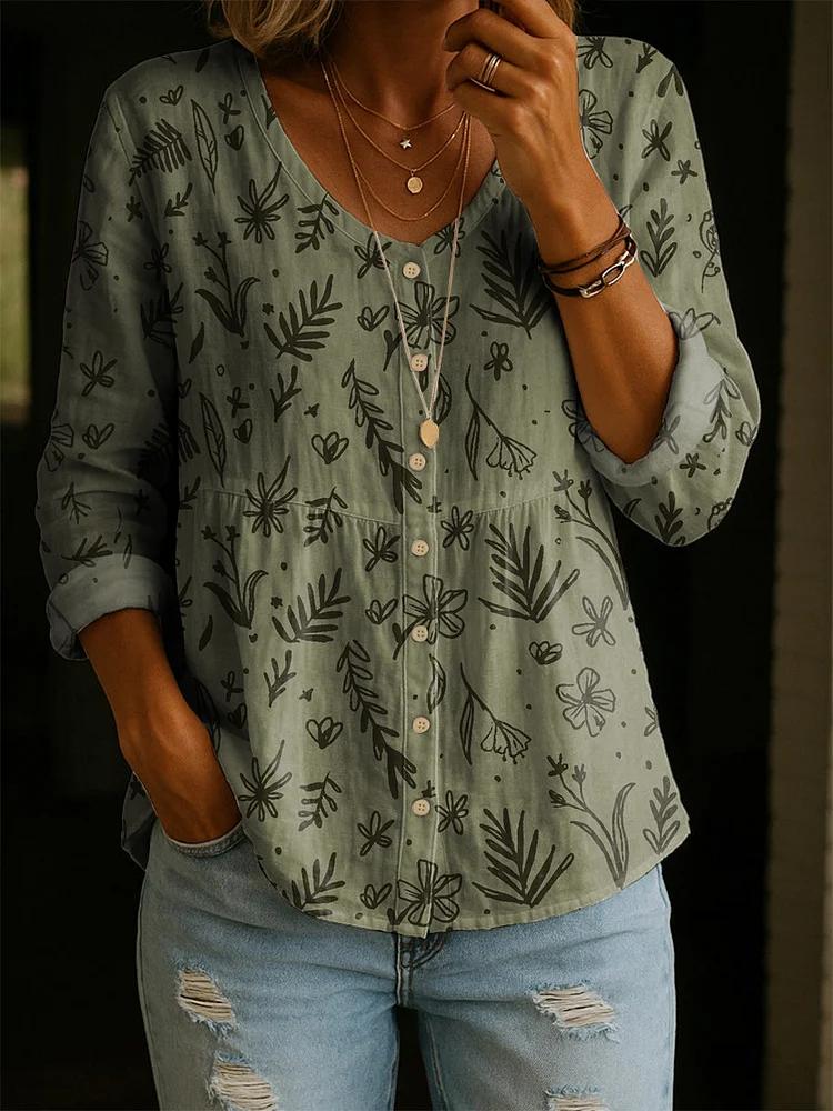 Women's Vintage Flower Pattern Art Print Casual Cotton Shirt