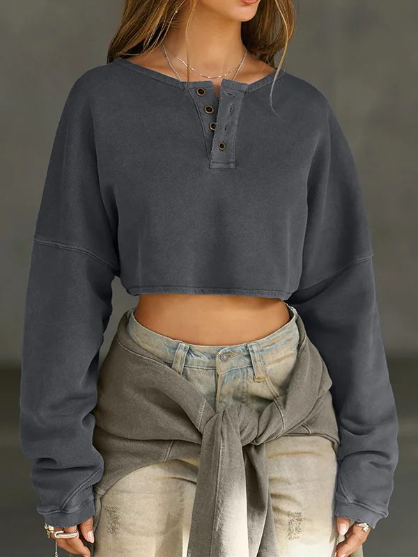 Solid Color Split-Joint Long Sleeves Loose Round-Neck Sweatshirt Tops