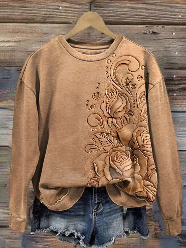 Vintage Floral Leather Textured Cozy Sweatshirt