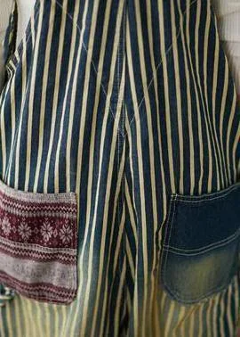 Women Casual Cotton Minimalist Vertical Striped Vintage Full Length Jumpsuits