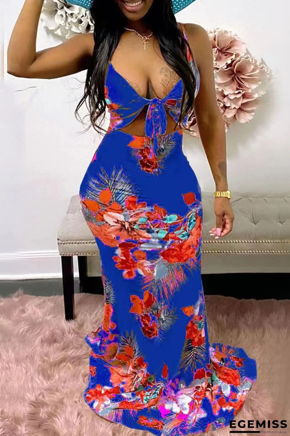 Deep Blue Sexy Print Hollowed Out Patchwork Spaghetti Strap Straight Dresses | EGEMISS