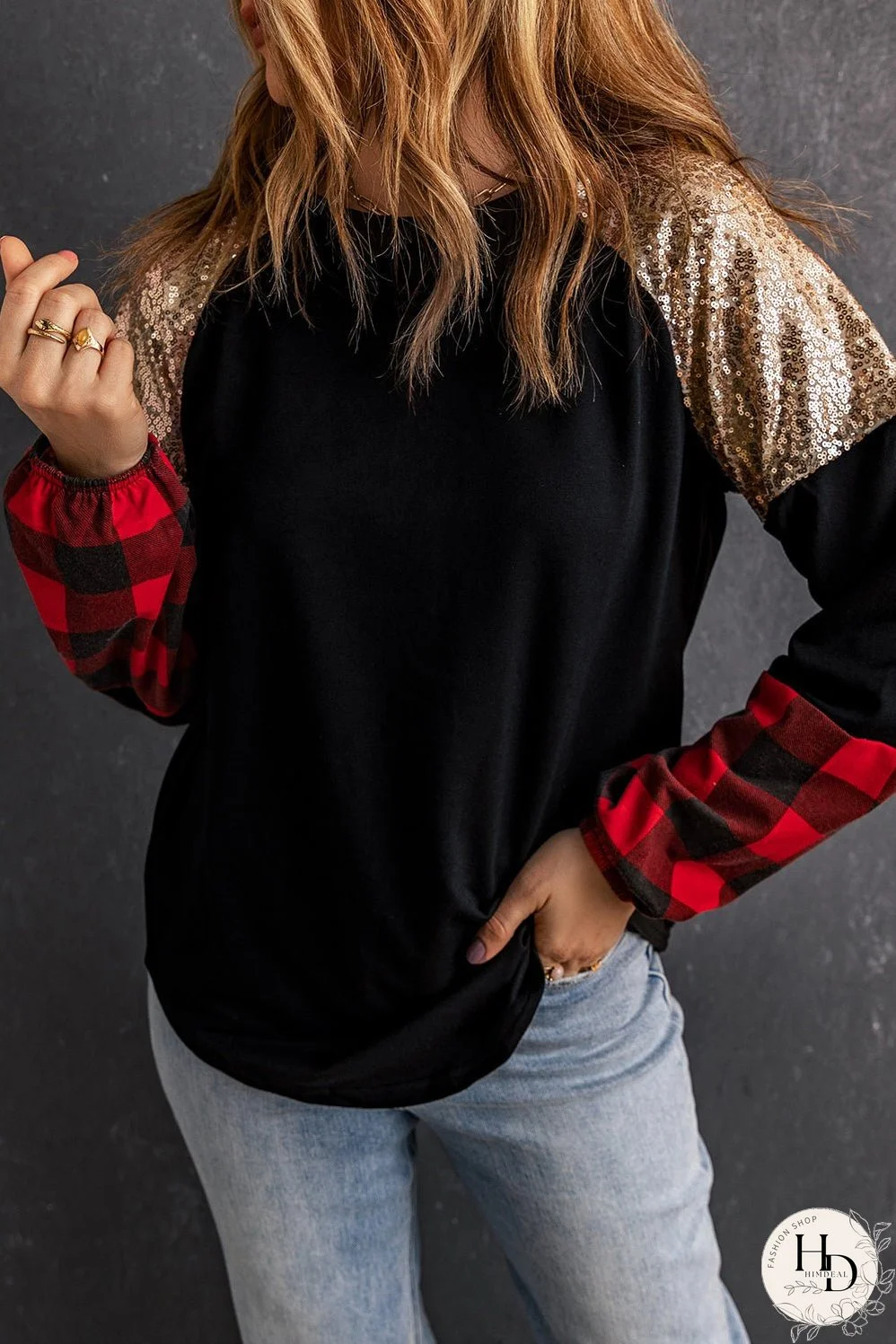 Crewneck Plaid Splicing Blouse