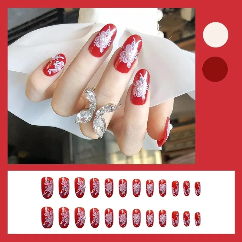 24pcs Rose Pattern Red Wine False Nail Fake Nails Coffin Glossy Press On Nails False Girls Ballerina full cover Fingernails Tips-Nail Inspo