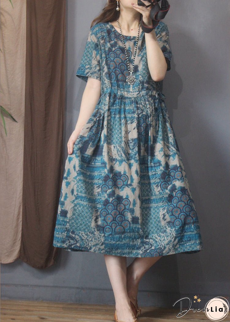 Style Blue O-Neck tie waist Print Linen Dress Short Sleeve