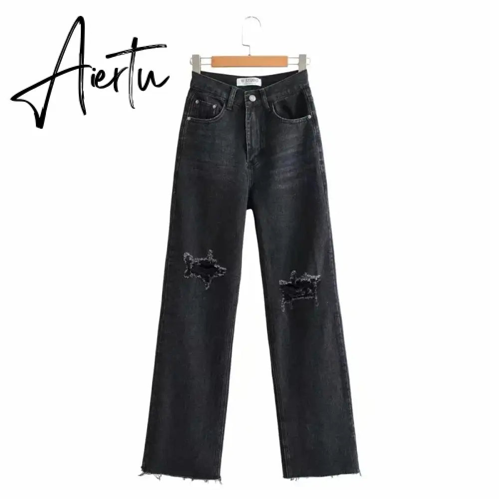 Fashion Denim Ripped Distressed Jeans Woman High Waist Flare Pants Bottom Streetwear Trousers Pants Jeans Ladies Aiertu