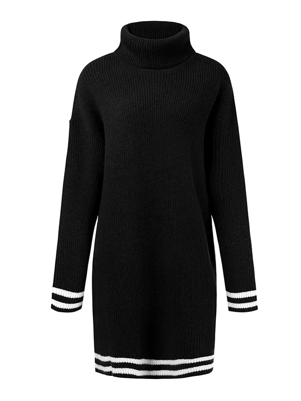 Simple Striped High-Neck Long Sleeves Mini Dress Sweater Dress