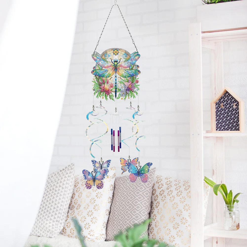 DIY Flower Dragonfly Double Sided Diamond Painting Wind Chime for Window Decor