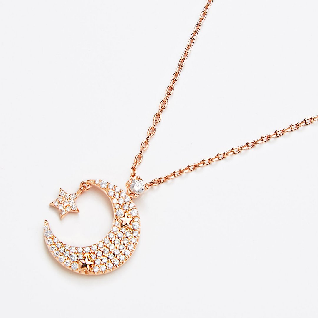 Crescent Moon Shaking Star "Hold Me Tight" Rose Gold Pendant Necklace