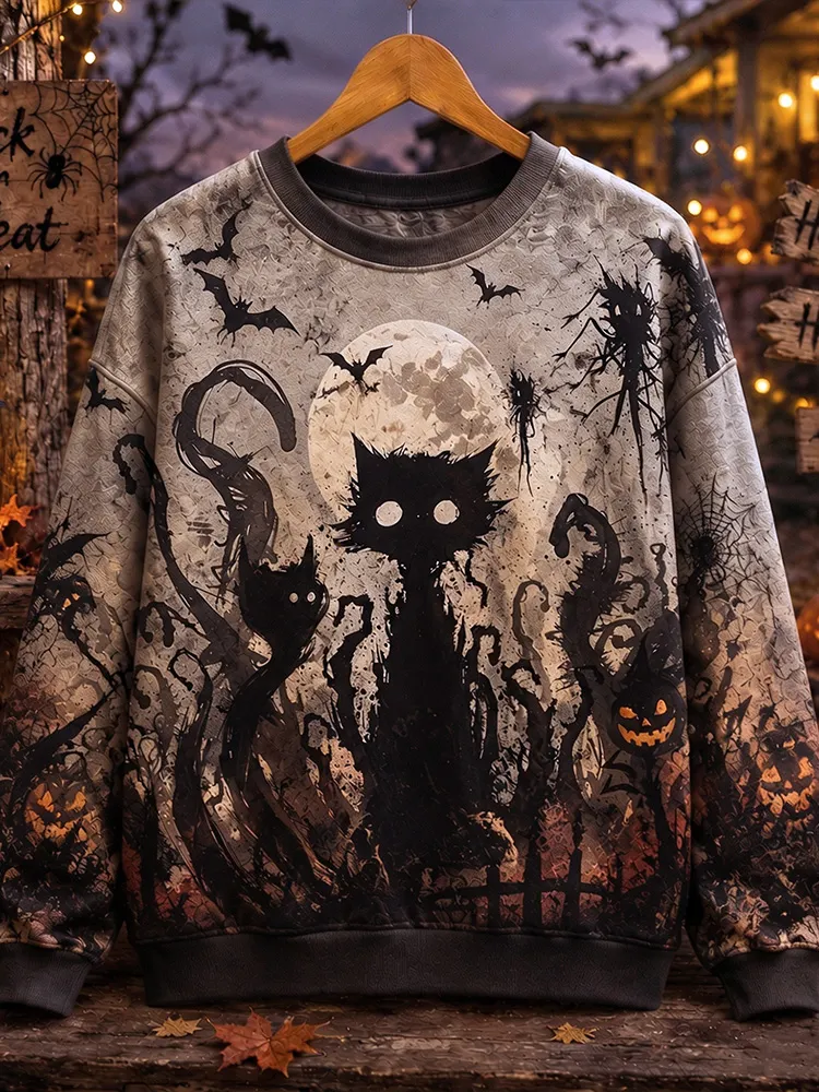 Vintage Distressed Grunge Halloween Spooky Black Cat Full Moon Sweatshirt artswardrobe