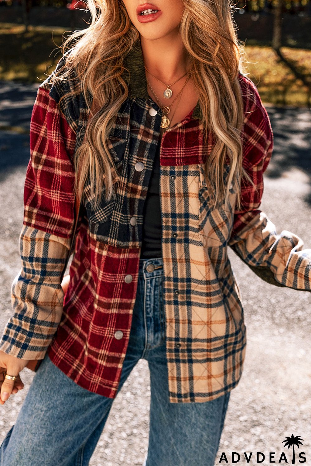 Red Mixed Plaid Patchwork Retro Shacket