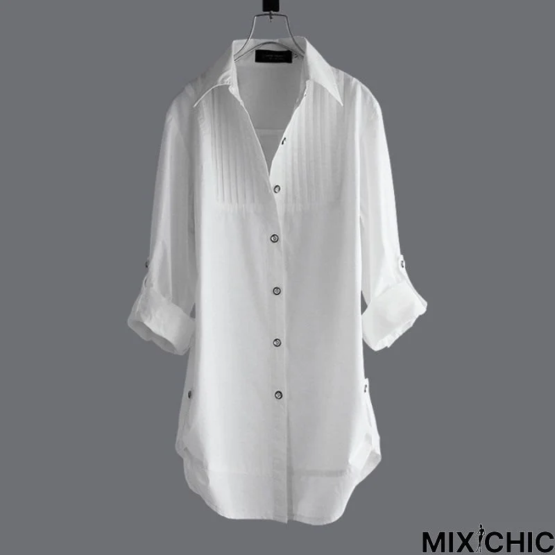 100% Cotton Women White Long-Sleeved Slim Blouse Casual Shirts Button Tops