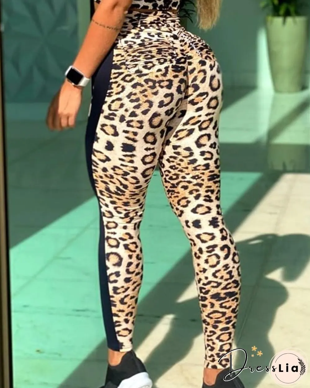 Color Block Splicing Leopard Skinny Sport Yoga Pants