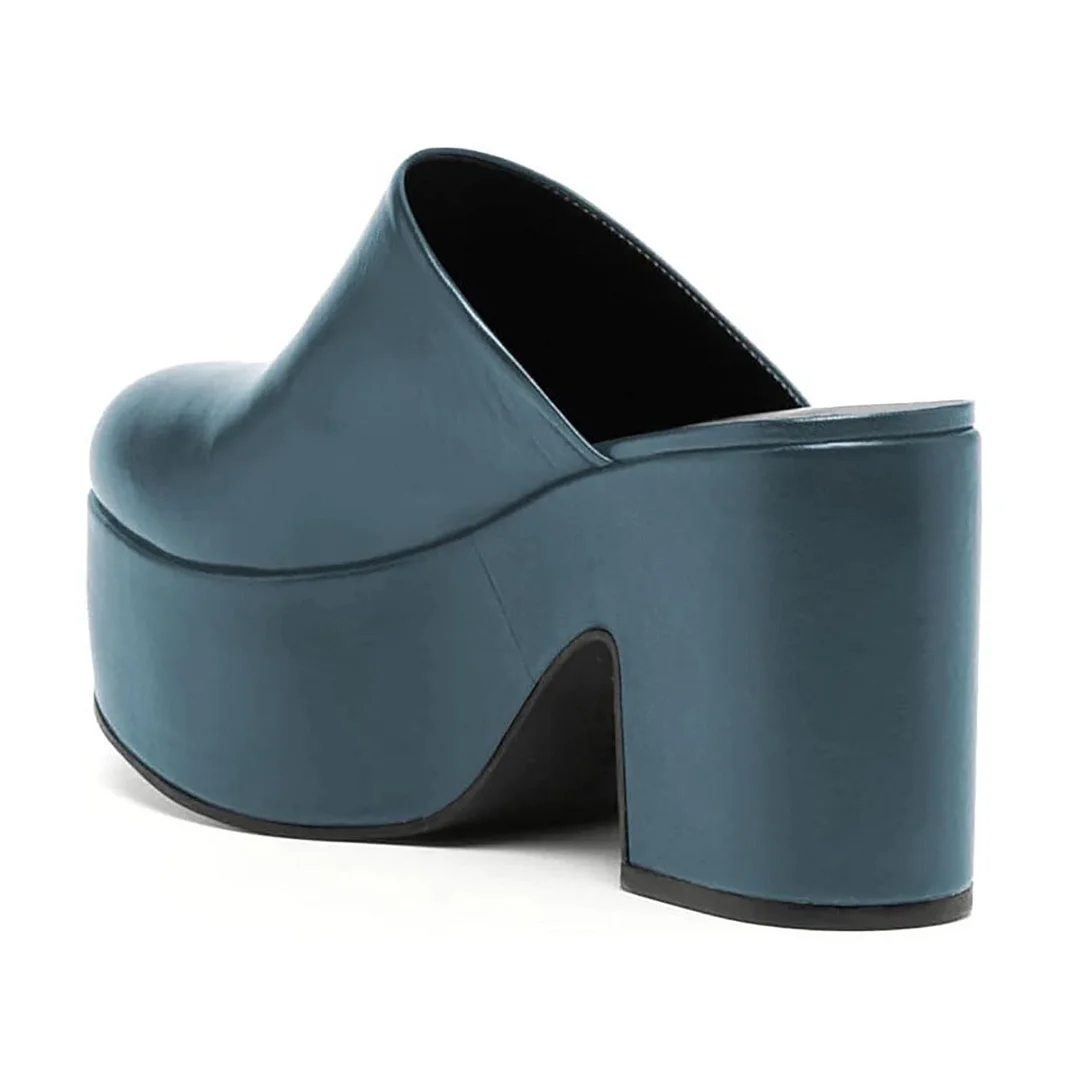 Blue Vegan Leather Round Toe Bold Platform Block Heel Classy Mules