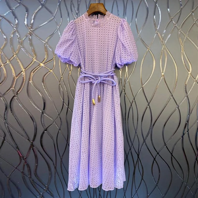 ABEBEY Hollow Out Blue Dress For Women Stand Collar Puff Sleeve High Waist Lace Up Temperament Dresses Female Fashion New