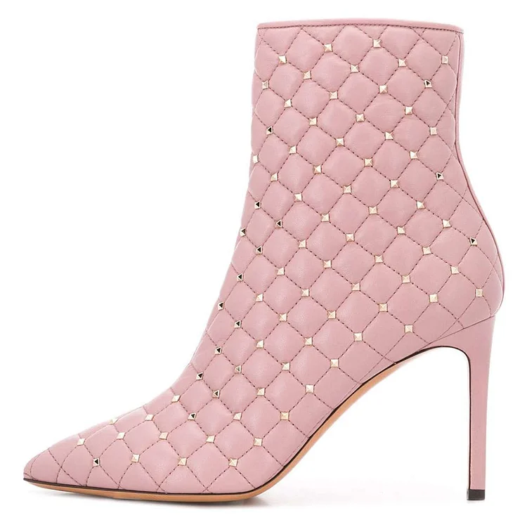 Pink Quilted Ankle Boots Studs Shoes Pointy Toe Stiletto Booties |FSJ Shoes