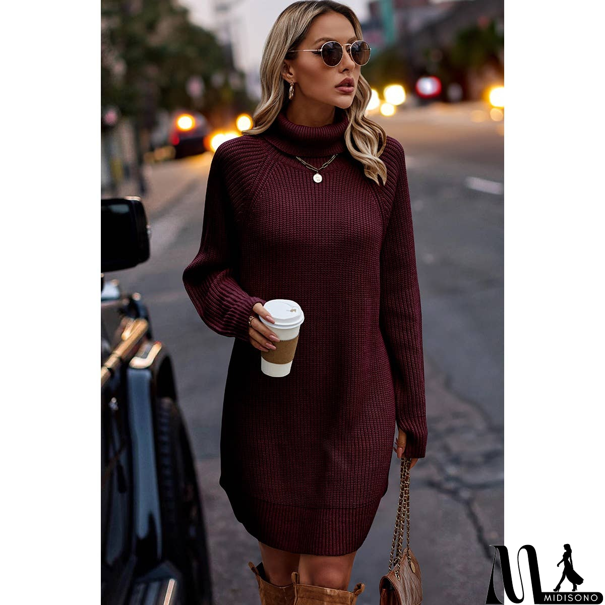 MidiSono - Thick Knit Roll Neck Solid Loose Fit Sweater Dress