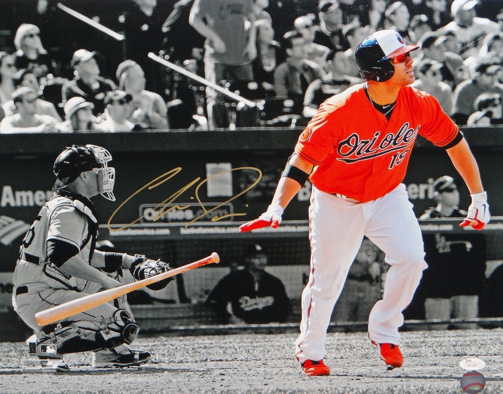 Chris Davis Autographed 16x20 B/W & Color Watching Hit Photo Poster painting- JSA Authentica