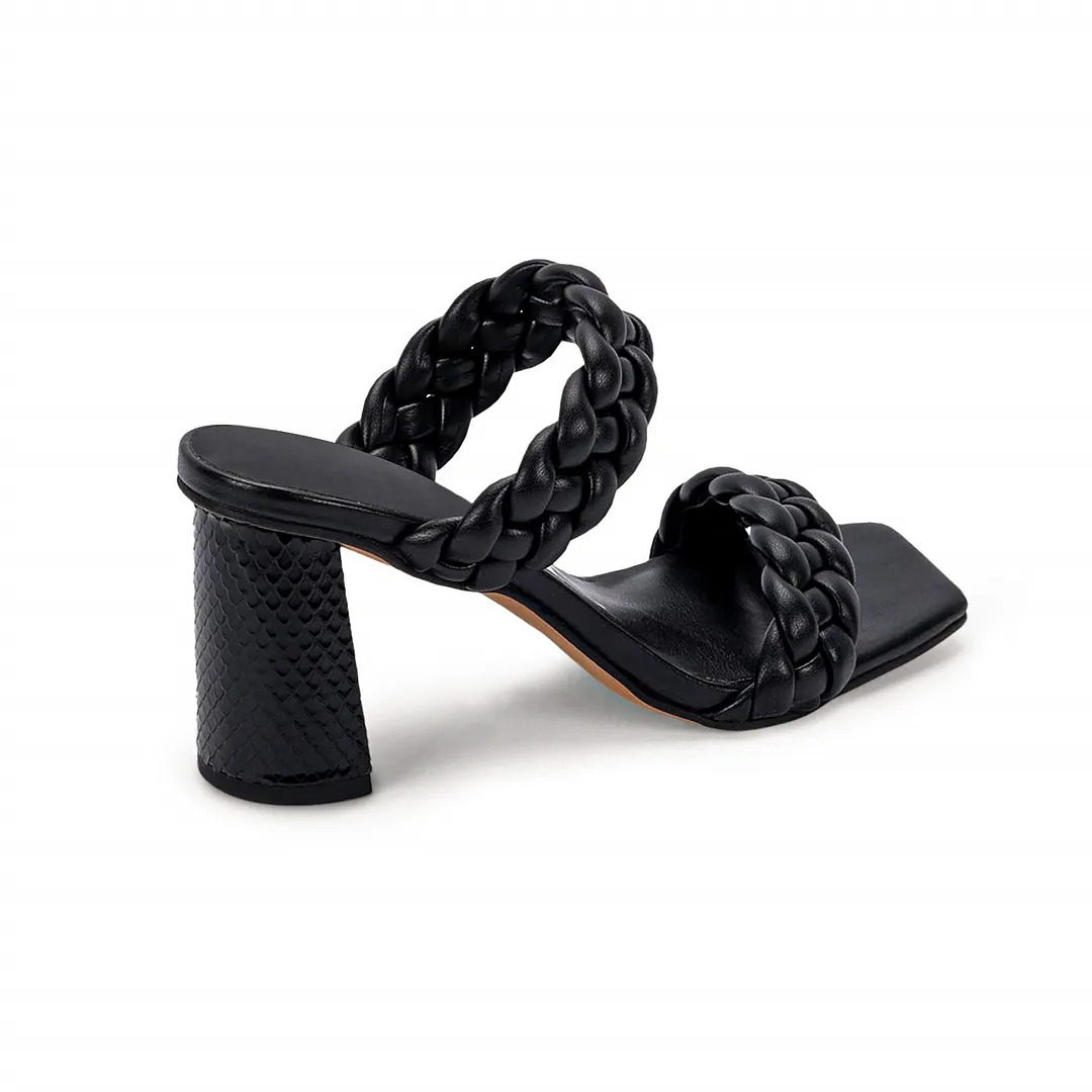 Women's Backless Square Open Toe Block Strappy Braided Heeled Sandals-vocosishoes