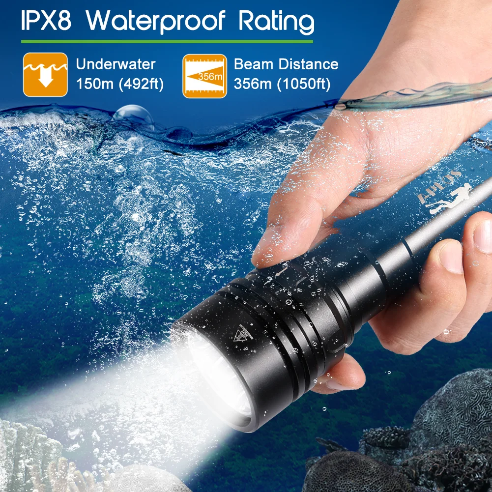 BORUiT HP900 80,000 Lumen Scuba Diving Flashlight – LED Dive Torch, 80M Waterproof, Rechargeable, Black