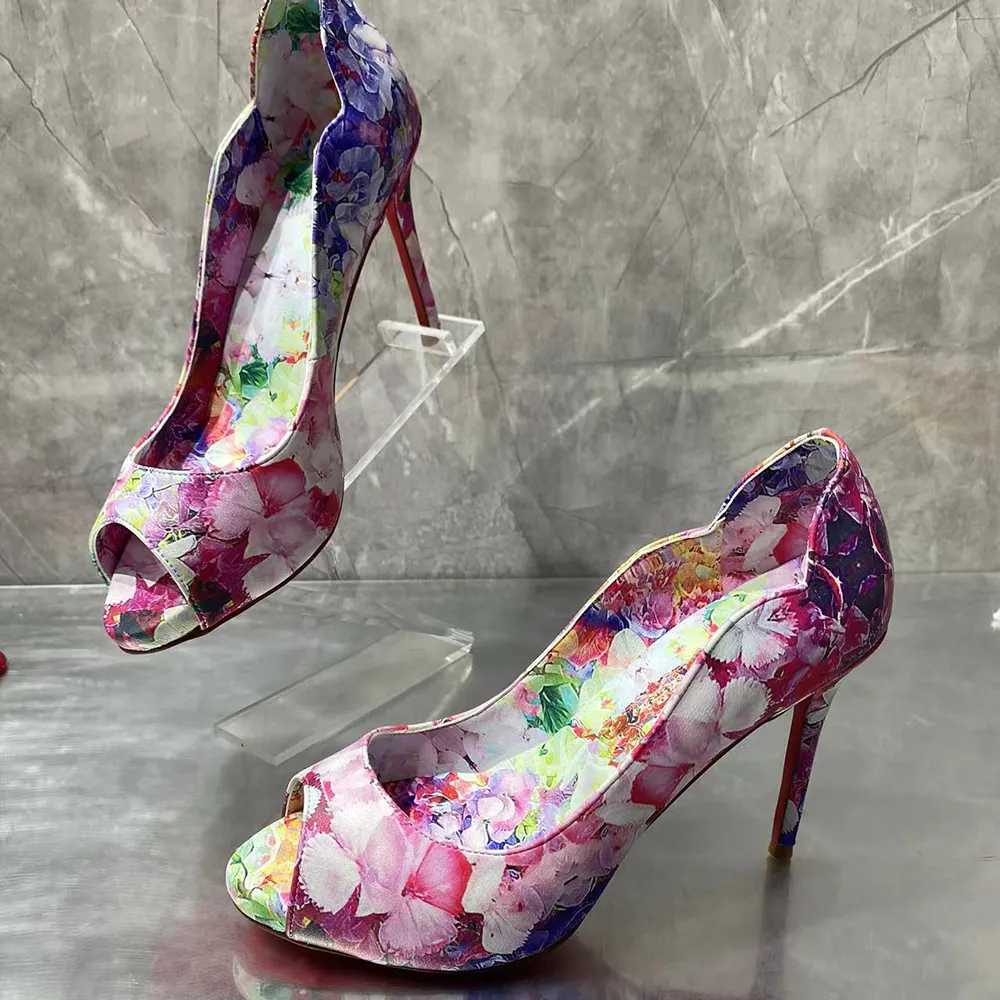 100mm Women's Platforms Heels Party Wedding Red Bottom Flowers Pumps-vocosishoes