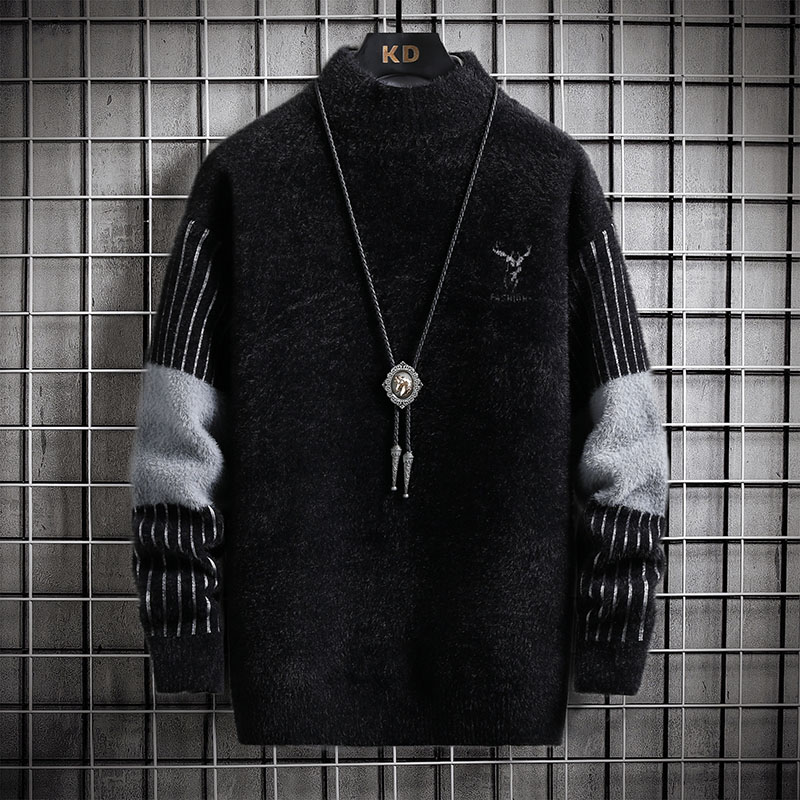Mens Autumn Winter Mock Neck Pullover Men Fashion Casual Slim Cashmere Print Knitted Sweater High Quality Street Warm Sweatshirt