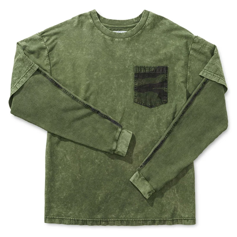 Casual Fake Two-piece Camouflage Contrast Color Stitching Washed Pocket T-shirt