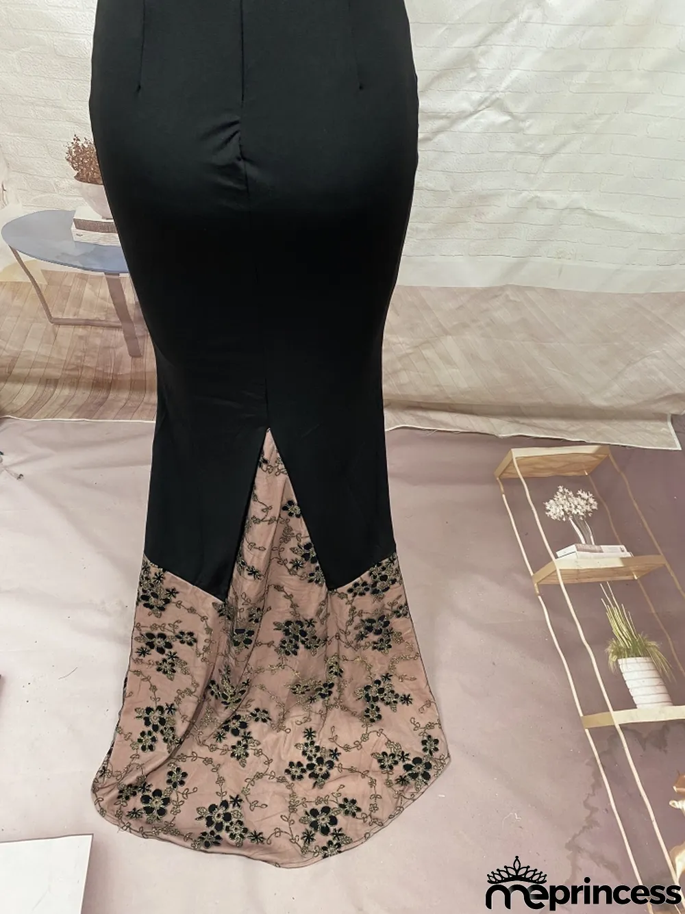 Women Summer Black Vintage Off-the-shoulder Sleeveless Floral Print Embroidery Mermaid Evening Dress