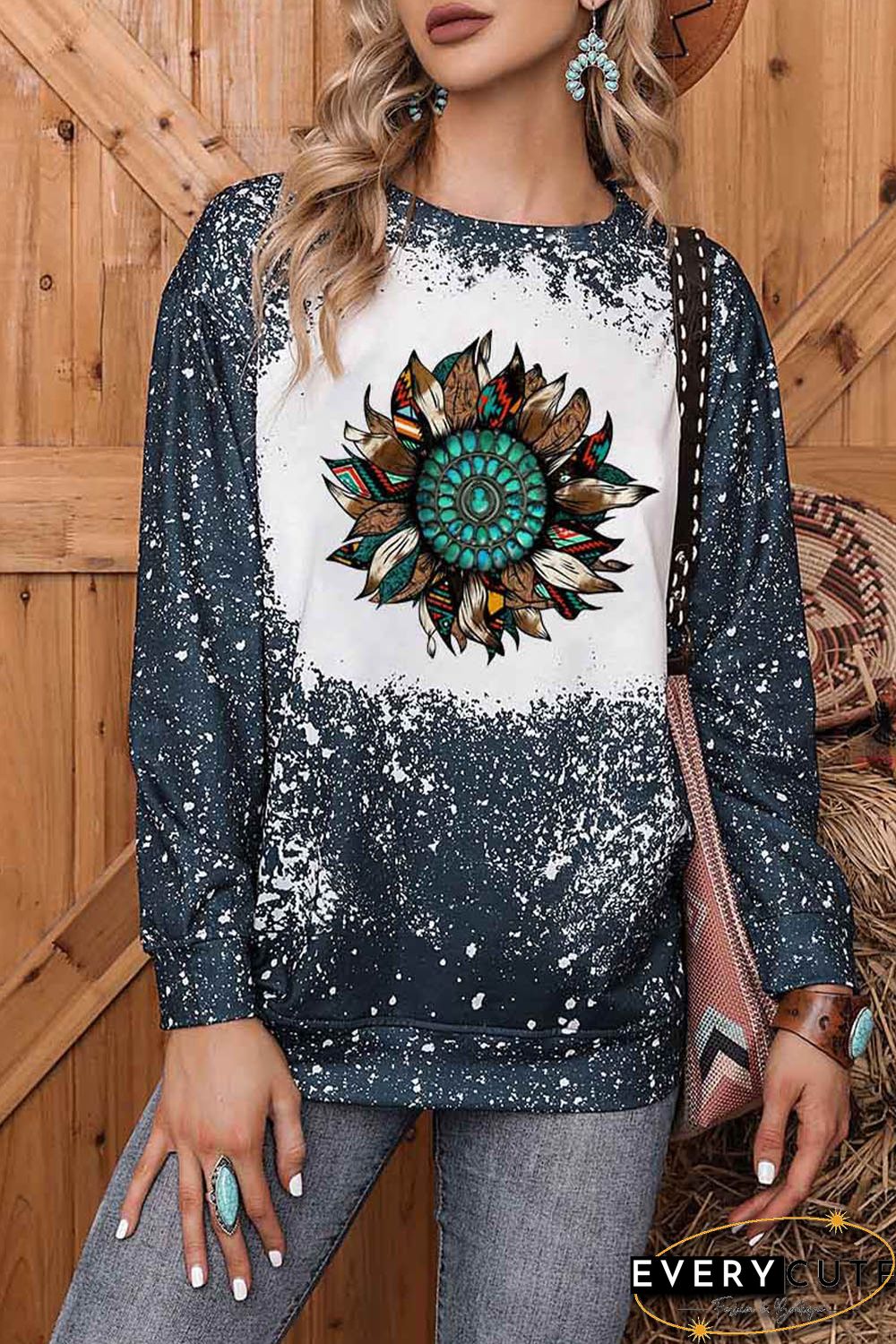 Tie-dyed Sunflower Print Long Sleeve Pullover Sweatshirt