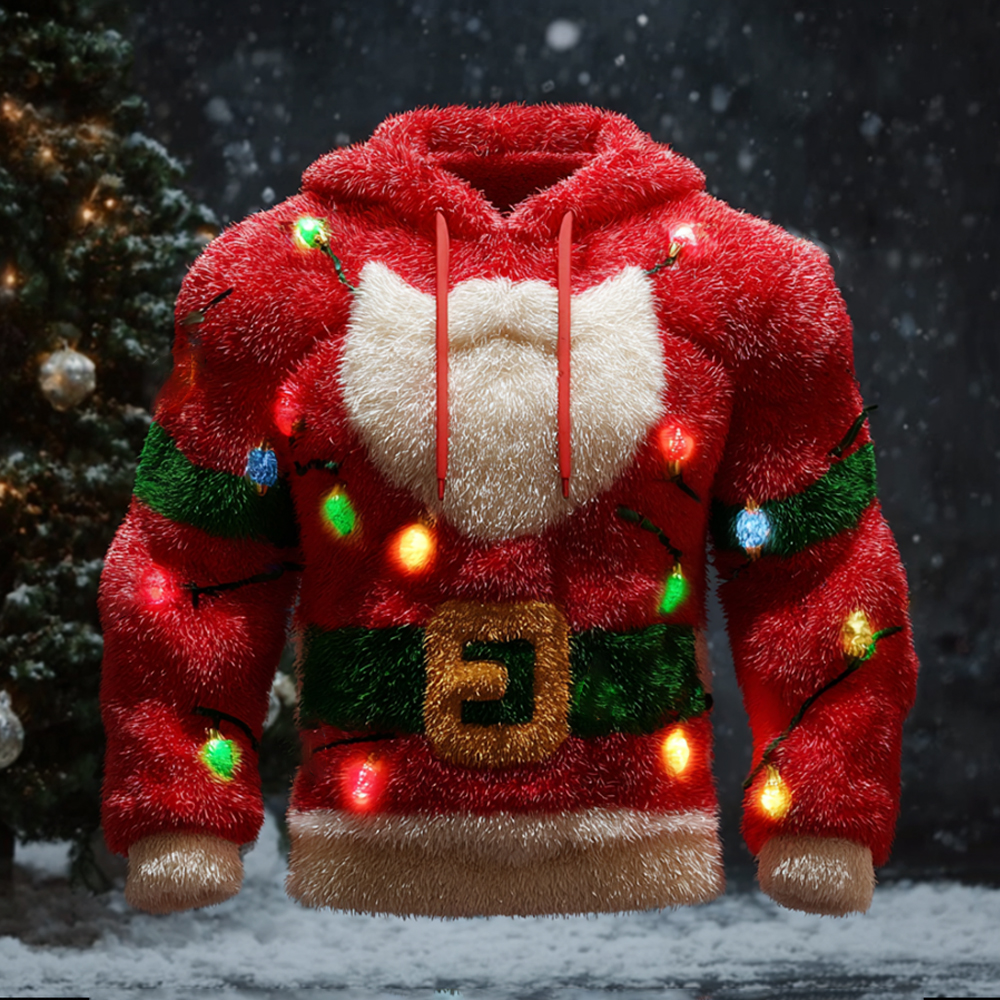 Santa Claus And Colorful Lights Plush Warm Hoodie elevenforest