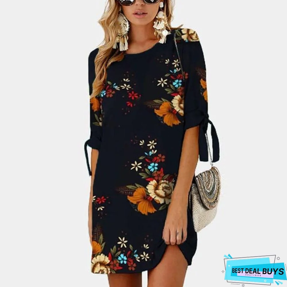 Women Chiffon Floral Print Mini Dress Boho Beach Half Sleeve Elegant Dress Black Dresses