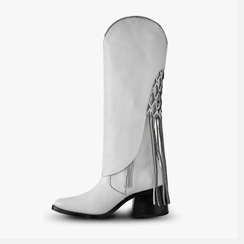 Fold Over Studded Fringe Knee High Light Grey Western Boots for Women