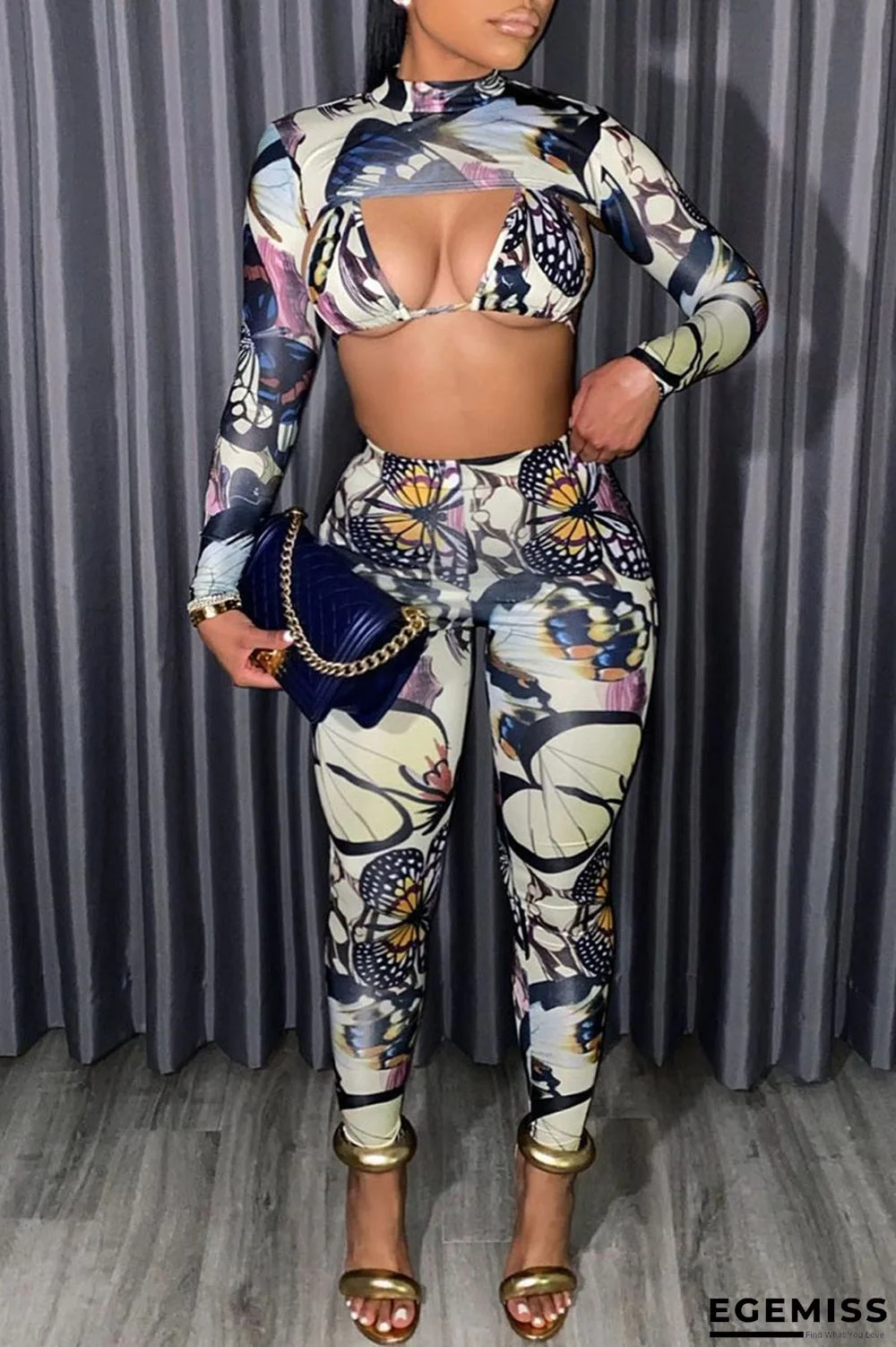Colour Sexy Print Patchwork Asymmetrical O Neck Long Sleeve Two Pieces | EGEMISS