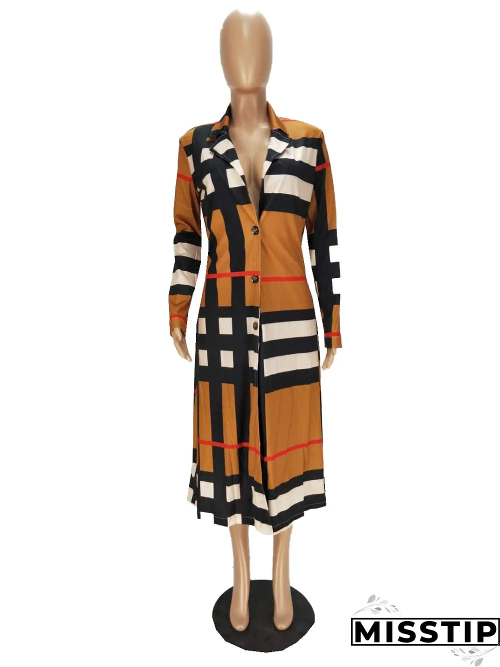 Women's Plaid Print Long-sleeved Lapel Long Coat