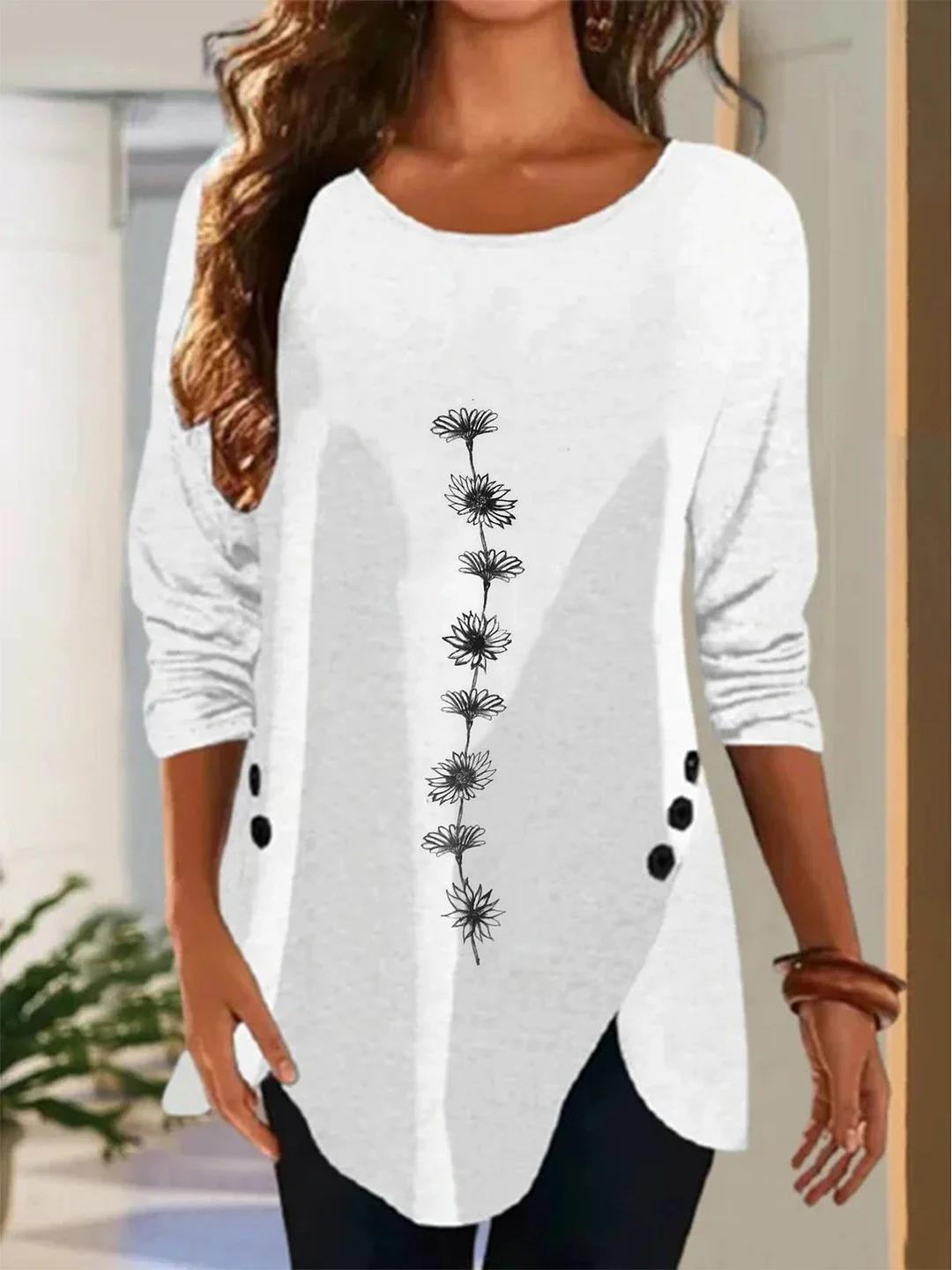 Casual Floral Crew Neck Long sleeve Loose Top TUNIC