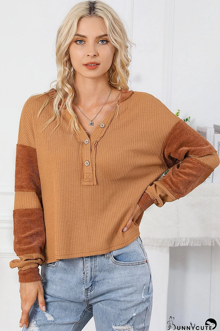 Cozy Boho Orange Patchwork Henley Top