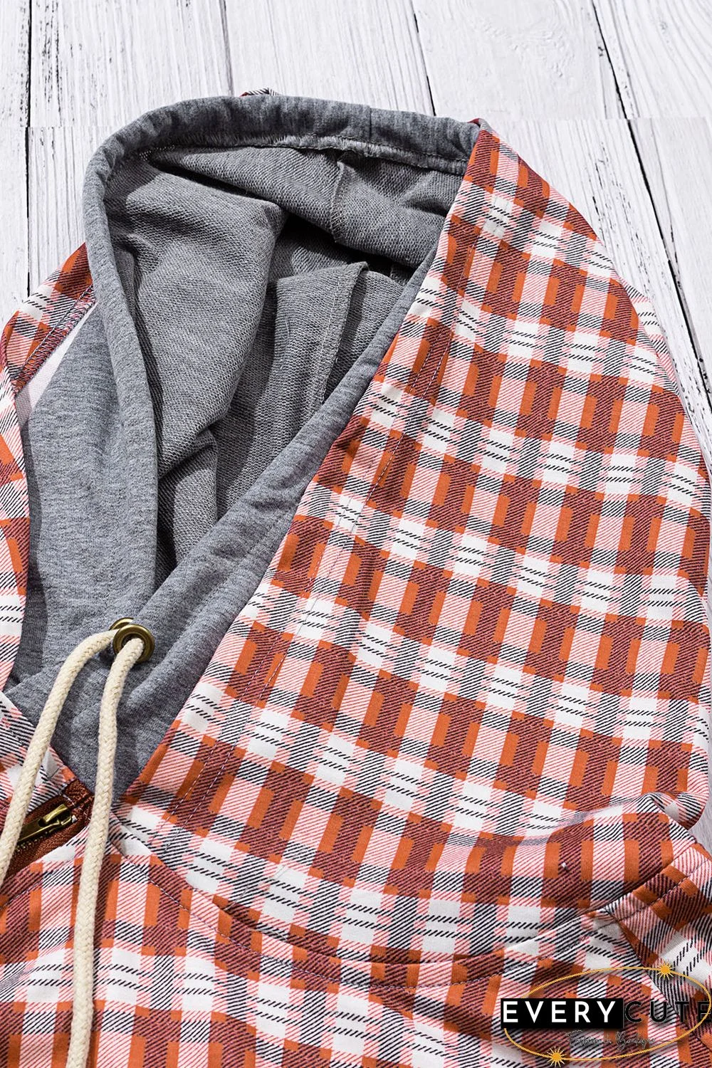 Red Cowl Neck Plaid Drawstring Hoodie with Thumb Hole