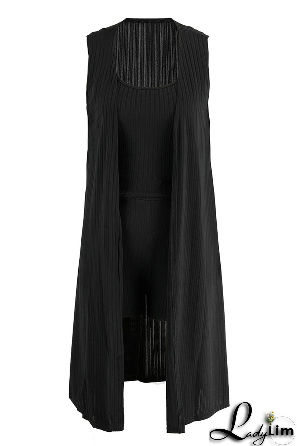 Black Casual Solid Patchwork U Neck Sleeveless Three Pieces