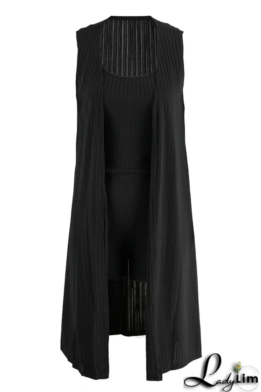 Black Casual Solid Patchwork U Neck Sleeveless Three Pieces