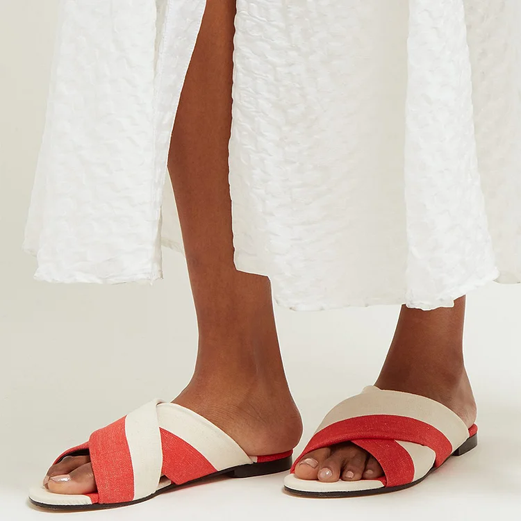 White and Orange Women's Slide Sandals |FSJ Shoes