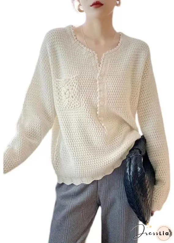 Simple Beige O Neck Hollow Out Button Patchwork Knit Top Fall