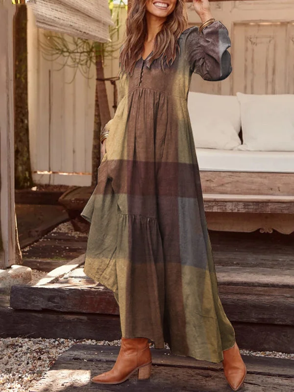 Women's Long Sleeve V-neck Graphic Plaid Print Maxi Dress