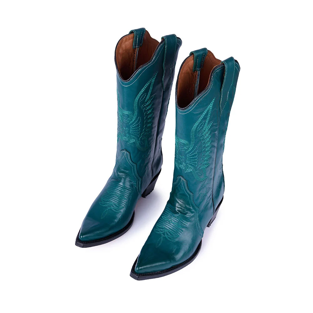 Teal Chunky Heel Pointed Toe Cowgirl Boots with Eagle Embroidery