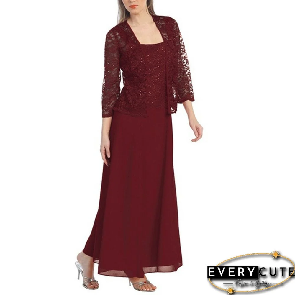 New Women lace cardigan and chiffon maxi skirt Two-piece Ladies Fashion Long Chiffon Dress Mother of Groom Dress with Lace Long Sleeve