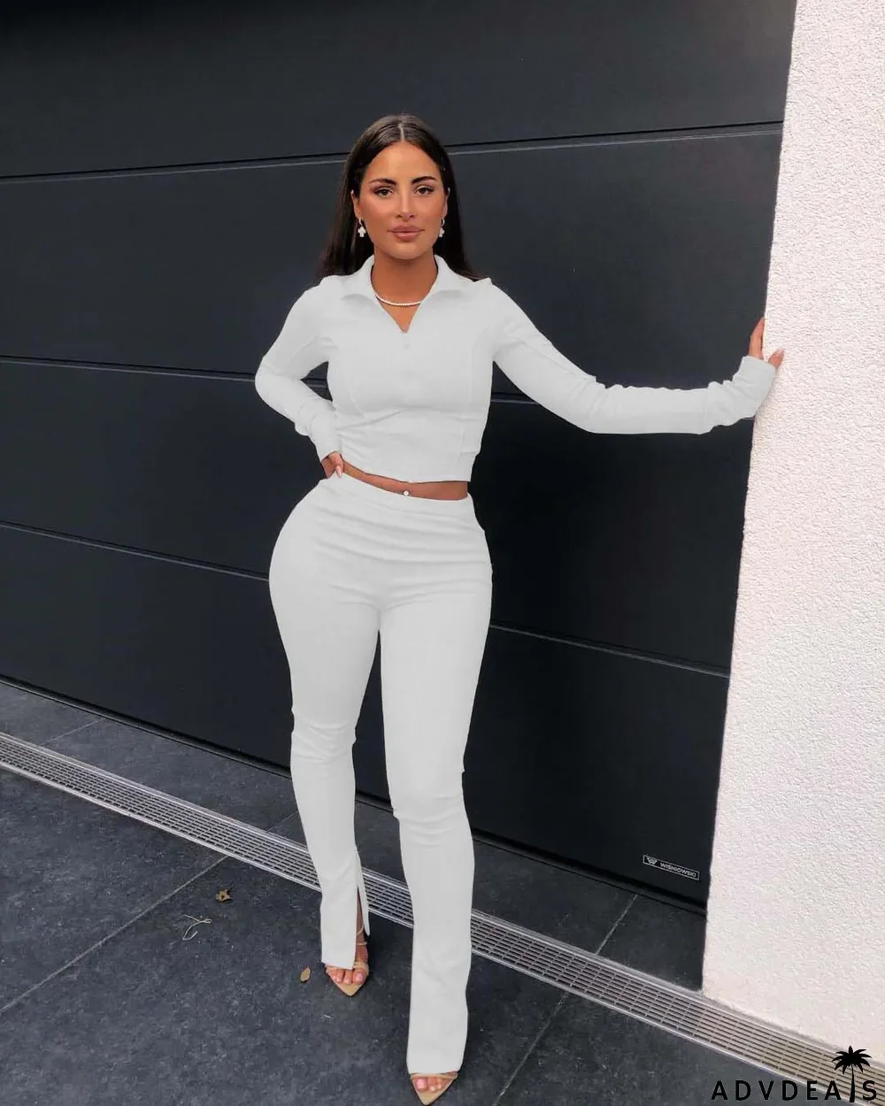 Women'S Autumn And Winter Fashion Turndown Collar Zip Slit Casual Two-Piece Pants Set